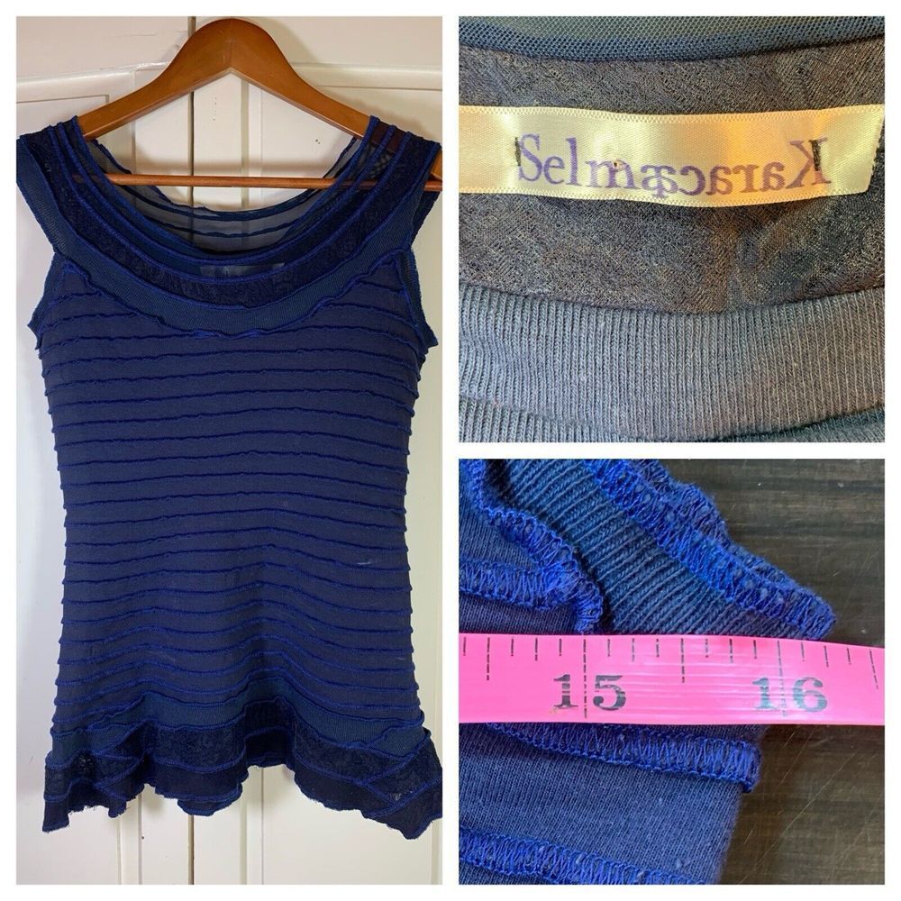 Whimsygoth Tank Womens Blue‎ Tiered Semi Sheer Lace Ruffle Top Stretch Blouse